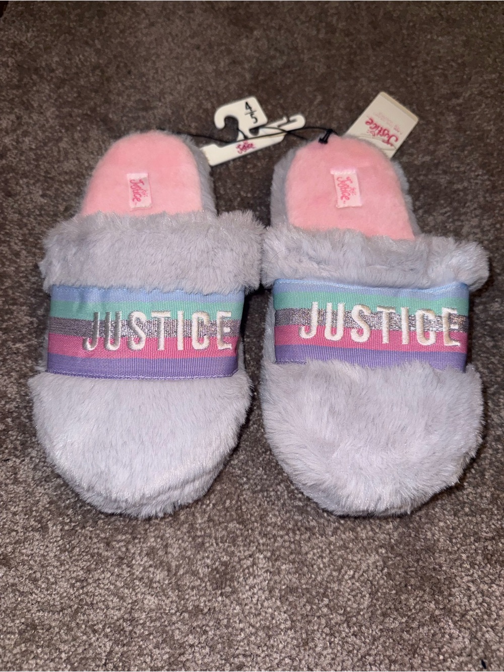 New -JUSTICE girls Justice Scuff SLIP ON Gray & Pink SLIPPERS Plush Faux Fur 4/5
